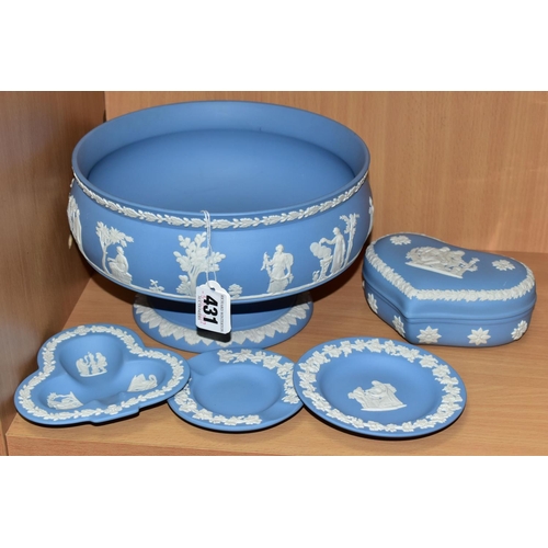 431 - FIVE PIECES OF WEDGWOOD PALE BLUE JASPERWARE, to include a pedestal fruit bowl, diameter of rim 20.5... 