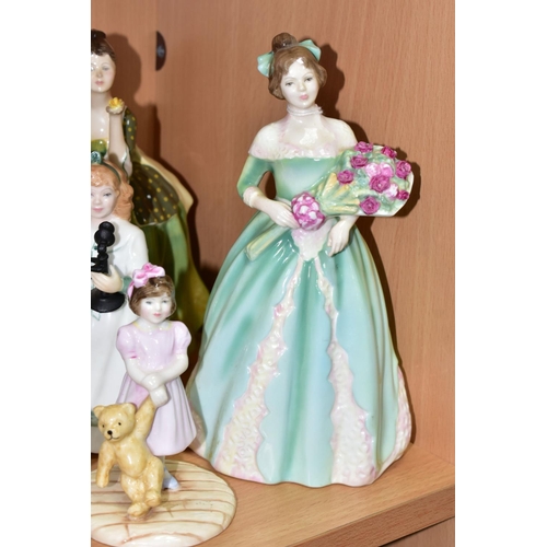 442 - NINE ROYAL DOULTON FIGURINES, comprising Happy Birthday HN3660, Fleur HN2368, Janine HN2461 (marked ... 