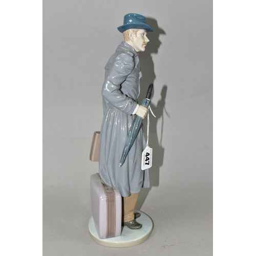 447 - A LLADRO 'ON THE ROAD' FIGURE, depicting a man with suitcase, briefcase and umbrella, no 5681, sculp... 