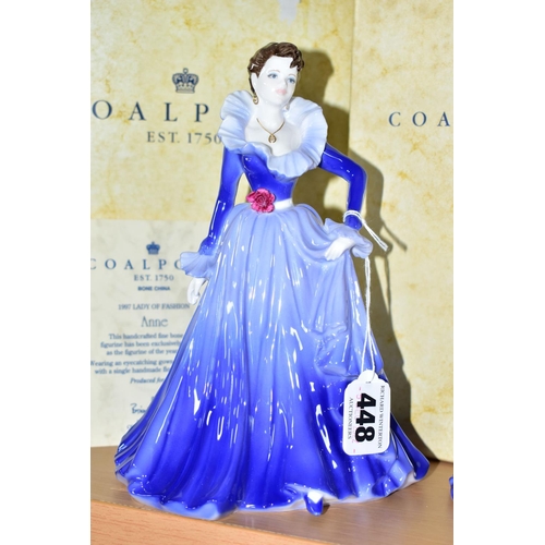 448 - FOUR BOXED COALPORT FIGURINES, comprising Ladies of Fashion 'Anne' Figurine of the Year 1997, with c... 