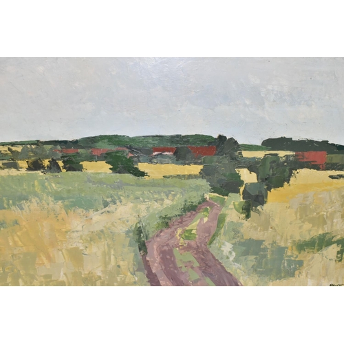 460 - BRUCE HURN (BRITISH 1926-?) 'NORFOLK FARM' an extensive open landscape with a pathway leading to a f... 