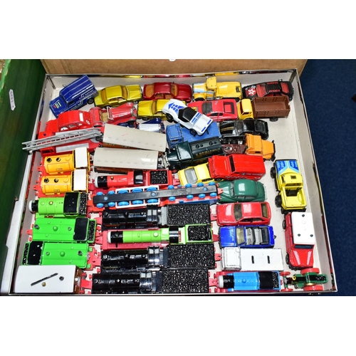 473 - TWO BOXES OF DIECAST MODEL CARS, TRACTORS AND TRAINS TOGETHER WITH A FRAMED MIRROR AND A FRAMED LIMI... 