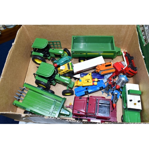 473 - TWO BOXES OF DIECAST MODEL CARS, TRACTORS AND TRAINS TOGETHER WITH A FRAMED MIRROR AND A FRAMED LIMI... 