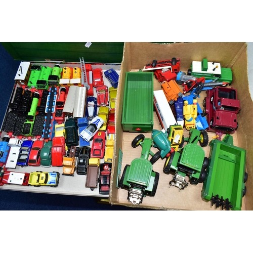 473 - TWO BOXES OF DIECAST MODEL CARS, TRACTORS AND TRAINS TOGETHER WITH A FRAMED MIRROR AND A FRAMED LIMI... 