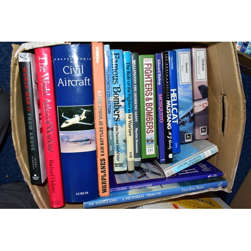 487 - THREE BOXES OF OVER TWENTY ROYAL AIR FORCE AND AIRCRAFT RELATED BOOKS, to include DVDs and photos on... 