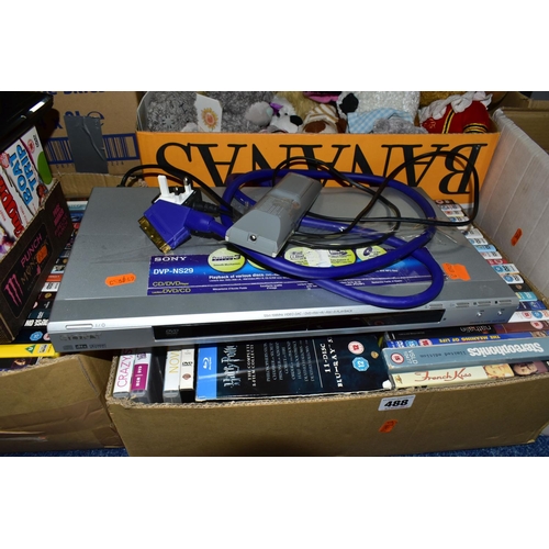 488 - SIX BOXES OF DVDS AND SOFT TOYS, to include over two hundred assorted films and boxed sets, a Sony C... 