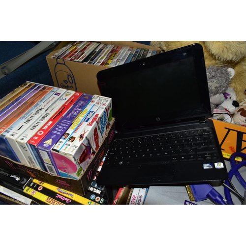 488 - SIX BOXES OF DVDS AND SOFT TOYS, to include over two hundred assorted films and boxed sets, a Sony C... 