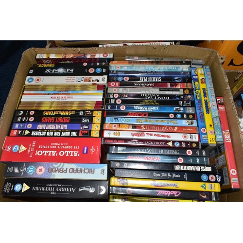 488 - SIX BOXES OF DVDS AND SOFT TOYS, to include over two hundred assorted films and boxed sets, a Sony C... 