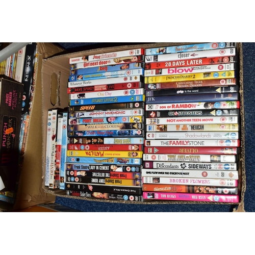 488 - SIX BOXES OF DVDS AND SOFT TOYS, to include over two hundred assorted films and boxed sets, a Sony C... 