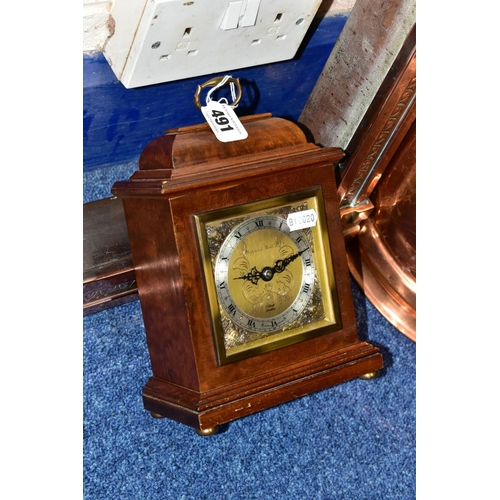 491 - A MAPPIN & WEBB  MANTEL CLOCK TOGETHER WITH A 20TH CENTURY COPPER FENDER, and a copper and brass coa... 