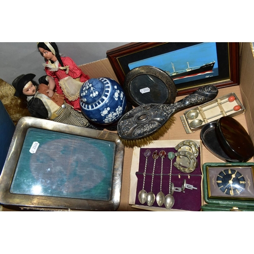 497 - ONE BOX OF SILVER PHOTO FRAMES AND ASSORTED SUNDRIES, to include a boxed pair of coffee spoons, a fr... 