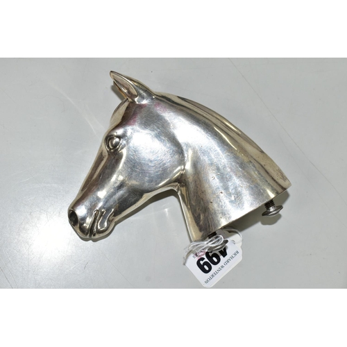 499 - A WHITE METAL FRENCH CAR MASCOT IN THE FORM OF A HORSE'S HEAD, height 11cm, bolts and fixings attach... 