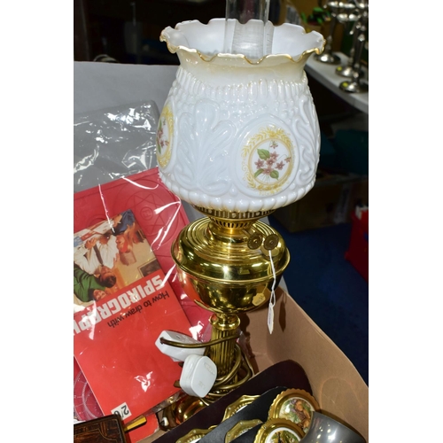 503 - ONE BOX OF SUNDRY ITEMS, to include a modern electric table lamp in the form of a brass oil lamp, tw... 