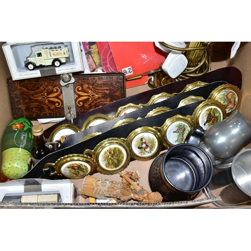 503 - ONE BOX OF SUNDRY ITEMS, to include a modern electric table lamp in the form of a brass oil lamp, tw... 