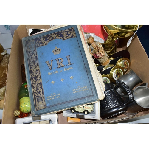 503 - ONE BOX OF SUNDRY ITEMS, to include a modern electric table lamp in the form of a brass oil lamp, tw... 