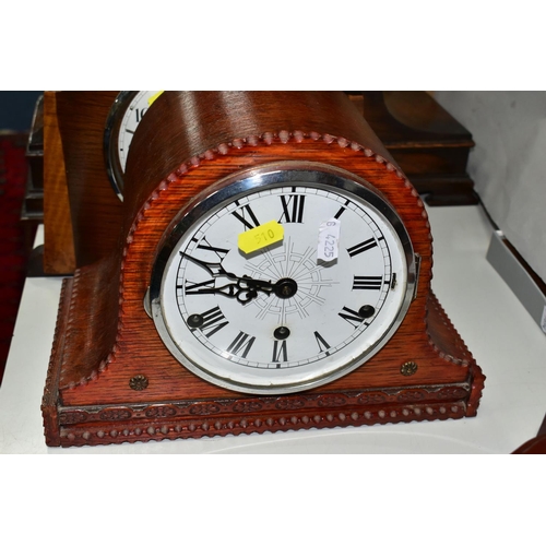 510 - THREE WOODEN MANTEL CLOCKS AND A WOODEN CASED WALL CLOCK, comprising a 1920s Westminster chimes mant... 