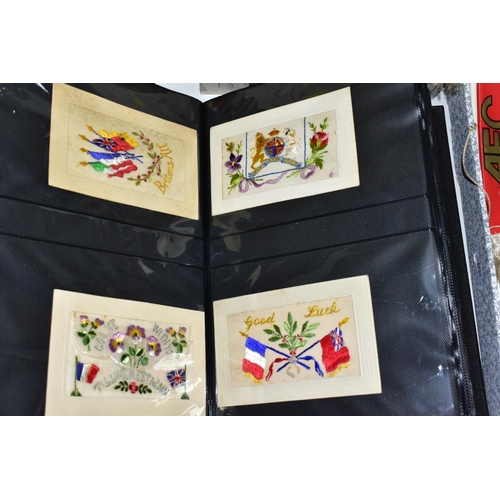 515 - SILK POSTCARDS, one album containing 100 WWI era embroidered silk Postcards and one box containing a... 