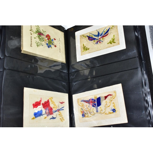 515 - SILK POSTCARDS, one album containing 100 WWI era embroidered silk Postcards and one box containing a... 