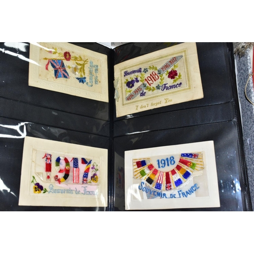 515 - SILK POSTCARDS, one album containing 100 WWI era embroidered silk Postcards and one box containing a... 