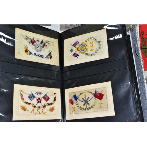 515 - SILK POSTCARDS, one album containing 100 WWI era embroidered silk Postcards and one box containing a... 