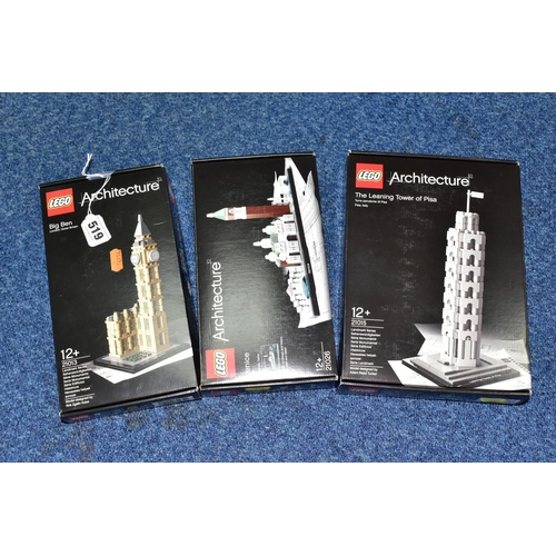 519 - LEGO ARCHITECTURE, three sets, The Leaning Tower of Pisa, no.21015, Venice, no. 21026 and Big Ben, n... 