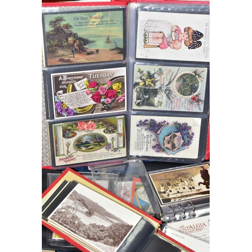 522 - POSTCARDS, one box containing approximately 500 postcards in seven albums, featuring sentimental, po... 