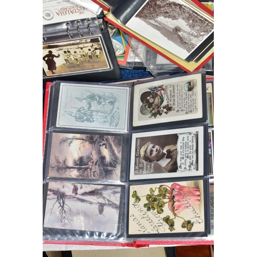 522 - POSTCARDS, one box containing approximately 500 postcards in seven albums, featuring sentimental, po... 