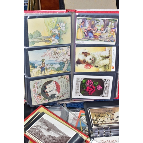 522 - POSTCARDS, one box containing approximately 500 postcards in seven albums, featuring sentimental, po... 