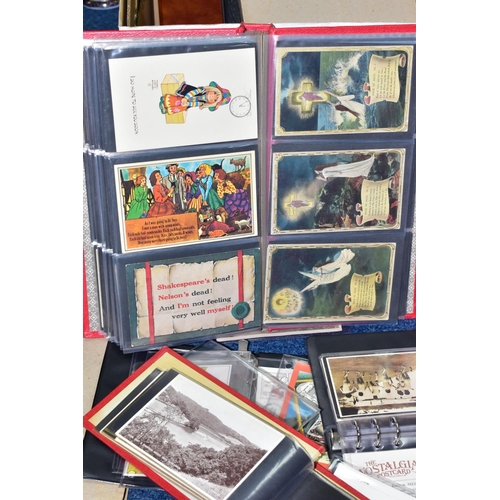 522 - POSTCARDS, one box containing approximately 500 postcards in seven albums, featuring sentimental, po... 