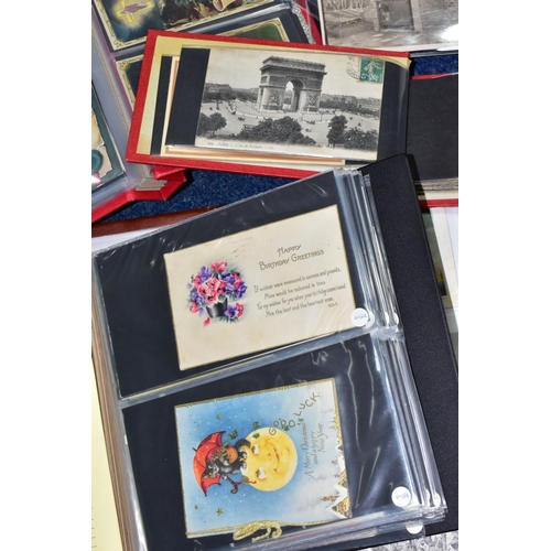 522 - POSTCARDS, one box containing approximately 500 postcards in seven albums, featuring sentimental, po... 