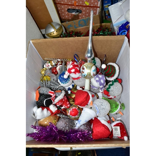 537 - THREE BOXES OF ASSORTED CHRISTMAS BAUBLES, LIGHTS AND ORNAMENTS, to include a boxed Father Christmas... 