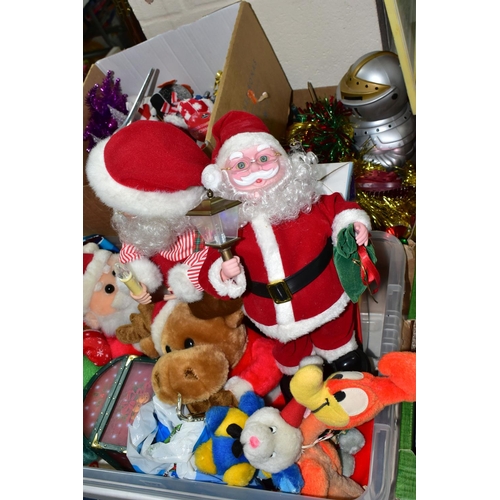 537 - THREE BOXES OF ASSORTED CHRISTMAS BAUBLES, LIGHTS AND ORNAMENTS, to include a boxed Father Christmas... 