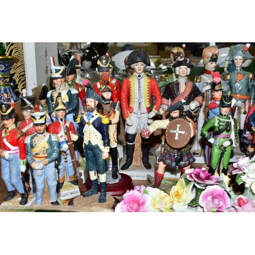 544 - TWO BOXES OF NAPOLEONIC  MILITARY FIGURINES, to include thirty-two assorted porcelain and resin mili... 