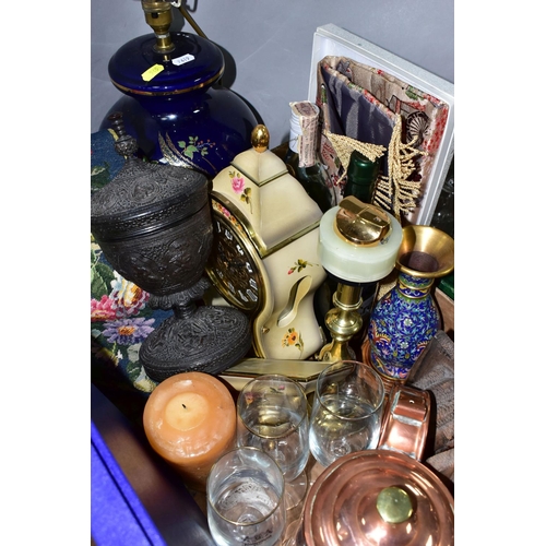 545 - TWO BOXES OF ASSORTED SUNDRIES, to include a ceramic based table lamp, height 43cm to top of brass f... 