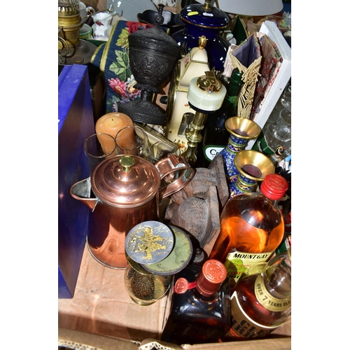 545 - TWO BOXES OF ASSORTED SUNDRIES, to include a ceramic based table lamp, height 43cm to top of brass f... 