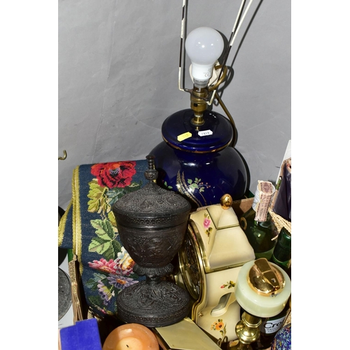 545 - TWO BOXES OF ASSORTED SUNDRIES, to include a ceramic based table lamp, height 43cm to top of brass f... 