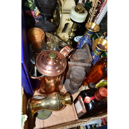 545 - TWO BOXES OF ASSORTED SUNDRIES, to include a ceramic based table lamp, height 43cm to top of brass f... 