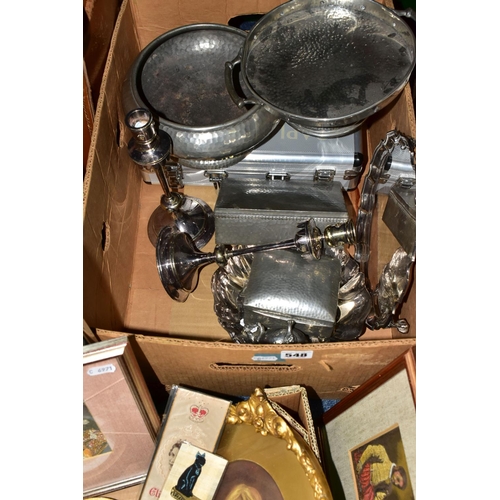 548 - TWO BOXES OF METALWARE, to include a Boer War Christmas 1900 Fry's chocolate tin for soldiers with a... 