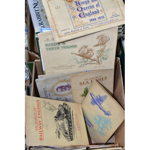 551 - TWO BOXES OF CIGARETTE CARDS AND ALBUMS TOGETHER WITH WEDGWOOD BEATRIX POTTER CERAMICS, to include s... 