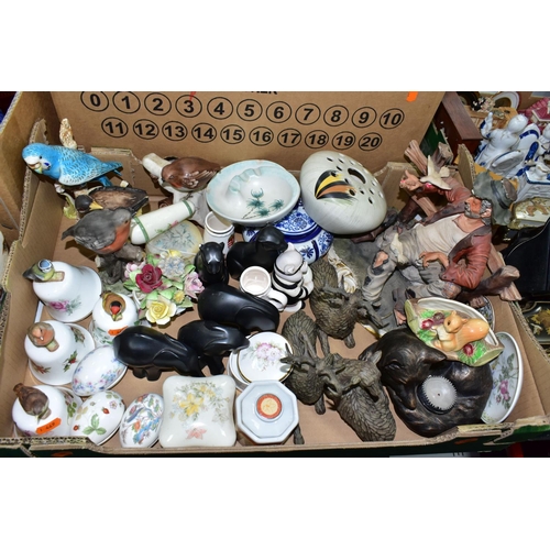 553 - FOUR BOXES OF CERAMICS AND ORNAMENTS, to include a  family of three Coalport 'Collectable' black ele... 