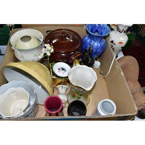 553 - FOUR BOXES OF CERAMICS AND ORNAMENTS, to include a  family of three Coalport 'Collectable' black ele... 