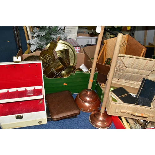 555 - THREE BOXES OF METALWARE, to include two copper wash day dollies, an autograph book with drawings an... 