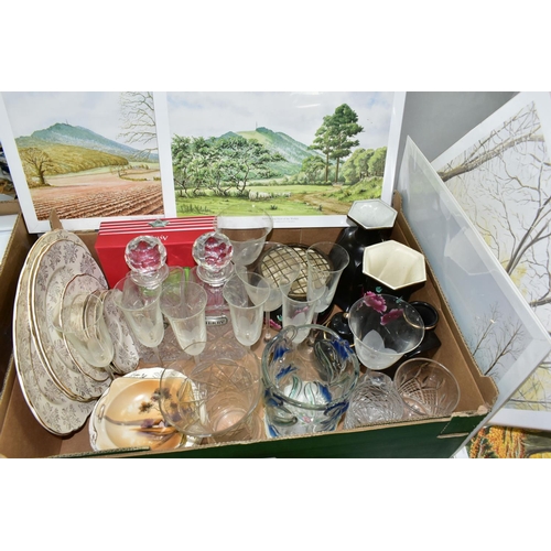 557 - TWO BOXES AND LOOSE CERAMICS, GLASS, METAL WARES AND PICTURES, to include an art deco style Old Tupt... 