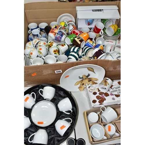 558 - A BOX AND LOOSE COFFEE CUPS AND SAUCERS, over one hundred pieces, contemporary and mainly espresso s... 