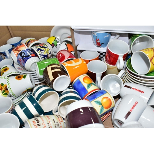 558 - A BOX AND LOOSE COFFEE CUPS AND SAUCERS, over one hundred pieces, contemporary and mainly espresso s... 