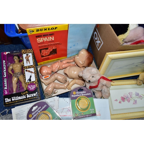 561 - FIVE BOXES AND LOOSE TOYS, CDS, PICTURES AND SUNDRY ITEMS, to include two vintage plastic jointed do... 