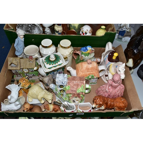 563 - TWO BOXES AND LOOSE ORNAMENTS, CERAMICS AND GLASS WARES, to include a Nao figural table lamp depicti... 