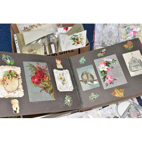 573 - VICTORIAN & EDWARDIAN EPHEMERA two boxes to include greetings cards, postcards, a scrapbook, a small... 