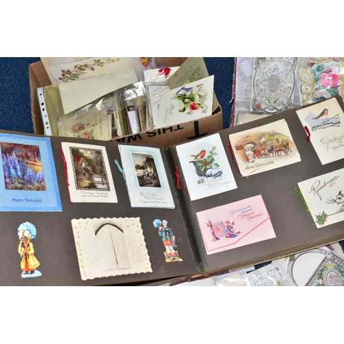 573 - VICTORIAN & EDWARDIAN EPHEMERA two boxes to include greetings cards, postcards, a scrapbook, a small... 