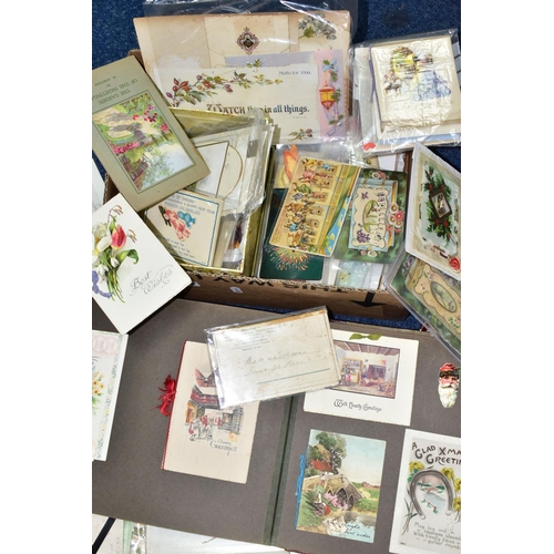 573 - VICTORIAN & EDWARDIAN EPHEMERA two boxes to include greetings cards, postcards, a scrapbook, a small... 